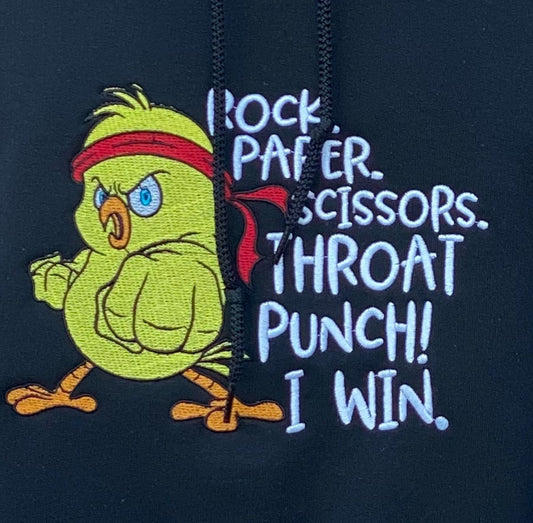 Rock, Paper, Scissors, Throat Punch- Embroidered Hoodie