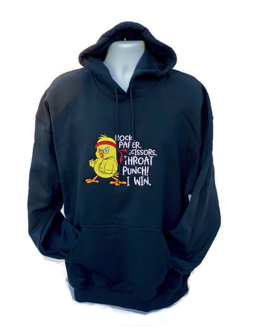 Rock, Paper, Scissors, Throat Punch- Embroidered Hoodie
